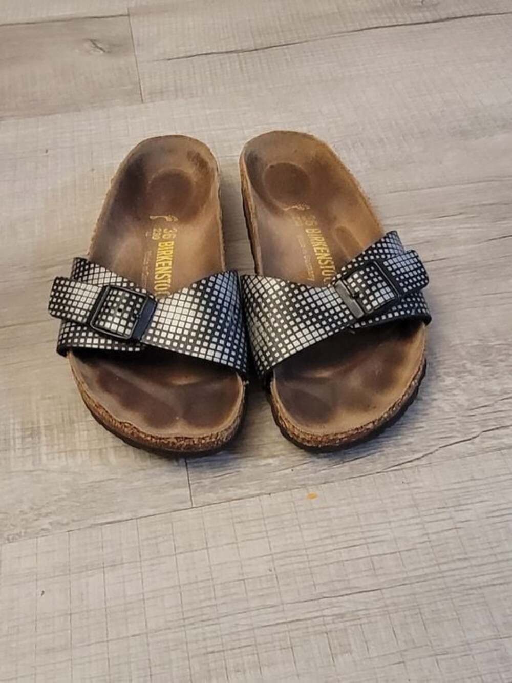 Birkenstock Women’s Black & White Checkered Single-Strap Slide Sandals